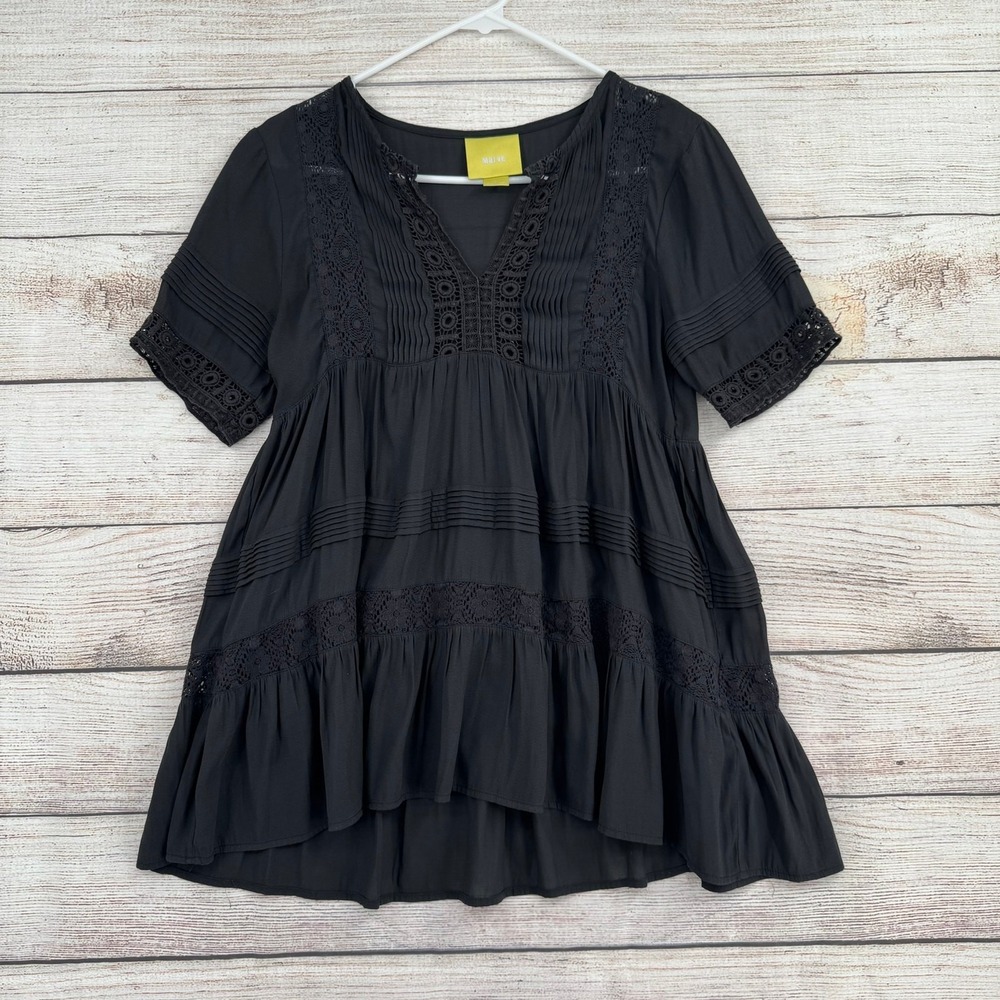 Maeve Tunic Top Womens Small Black Lace Pintuck Babydoll V-Neck